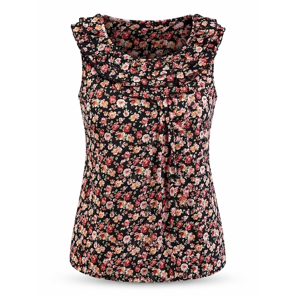 Dressbarn Black Pink Roses Ruffle Pleated Sleeveless Cotton Blouse Women's XL*